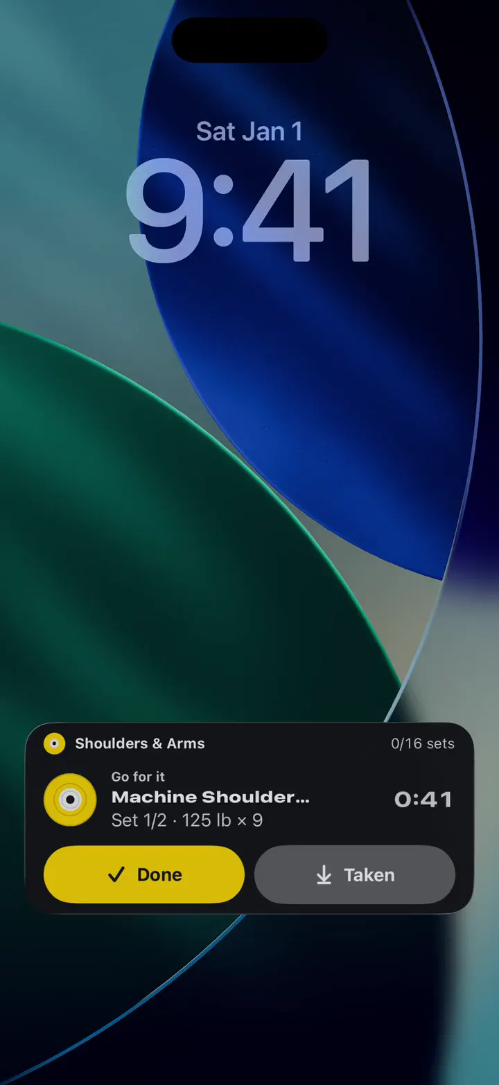 The Lock Screen with Nacho’s Live Activity: the set in progress, and a tap on Done starts the rest without unlocking