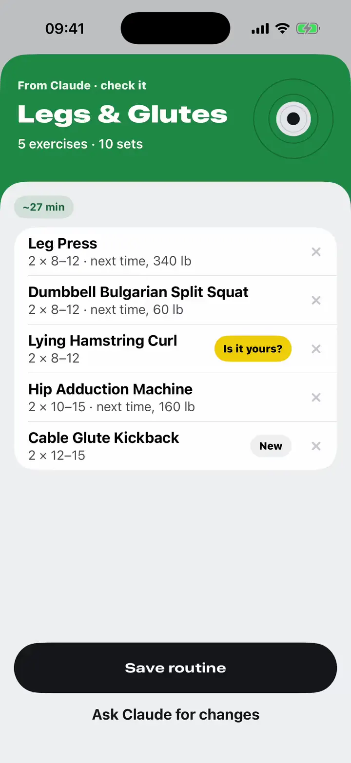 The routine your AI suggested, reviewed in Nacho: pick the exercise you already have and save it