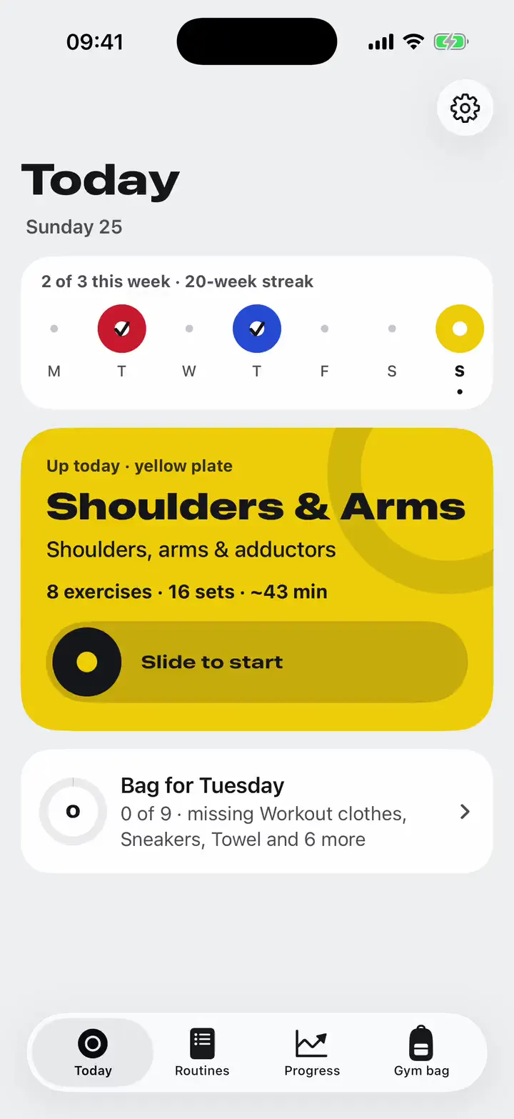 Week settings: Friday becomes a gym day, BJJ goes on Wednesdays and Saturdays, and the week shows up on Today